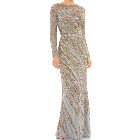 NWT - Mac Duggal Long Sleeve Beaded Column Gown Platinum - Picture 1 of 12